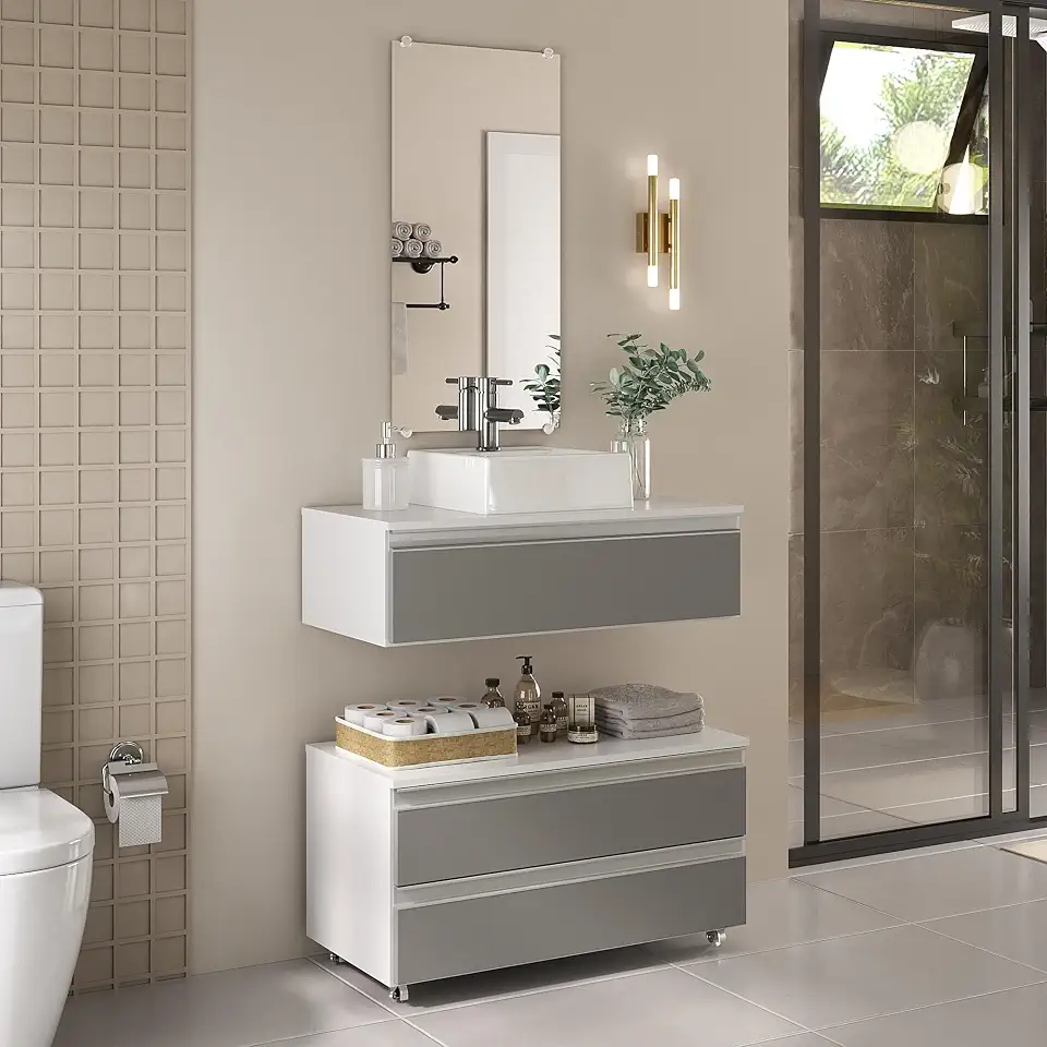 Gabinete Banheiro Creta 80cm (02 armários + cuba + espelho) (Branco/Cinza)