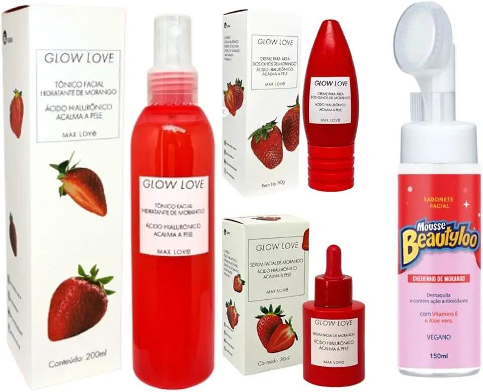 Max Love Kit Skincare Morango, Sérum Facial com Ácido Hialurônico 30ml, Tônico 200ml, Creme para Olhos 60g, Mousse de Limpeza Vegano Beautyloo 150ml