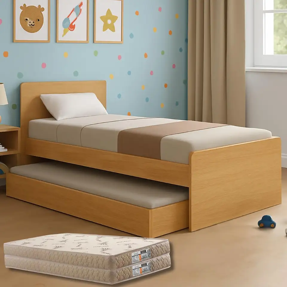 Bicama Solteiro Bibox Cama com Auxiliar e Colchões Premium Bordado (Colchões D33, Cinamomo)