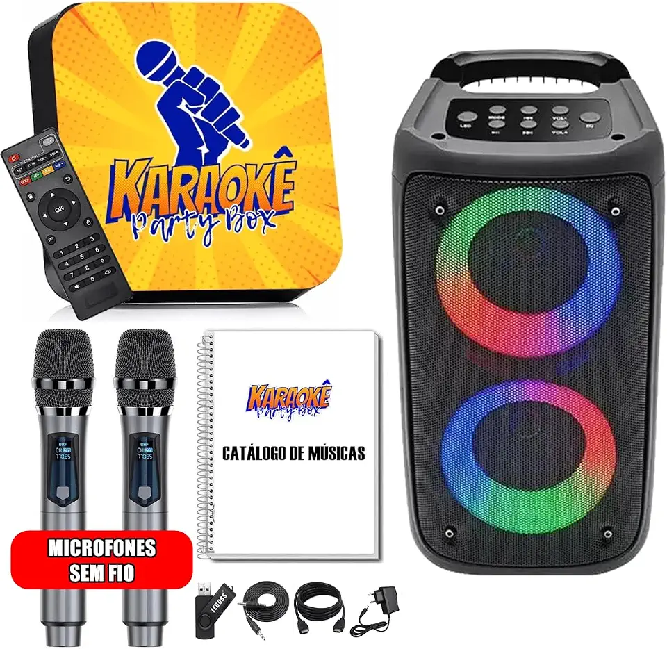 Karaoke Party Box Profissional +2 Microfones Sem Fio +Caixa De Som +2000 Músicas +Catálogo +Sistema Com Pontuação