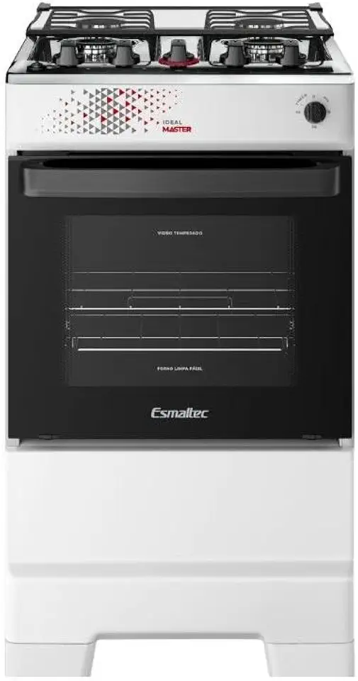 Fogão Esmaltec 4 Bocas Ideal Master Mesa Inox Tampa de Vidro Forno 50 Litros Branco T4ITB Bivolt