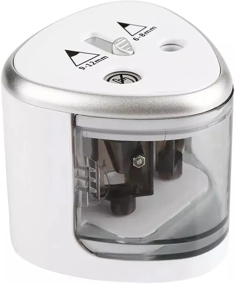 Apontador Elétrico Duplo Automático Portátil com Tampa Transparente para Lápis 6-12mm – Ideal para Escola, Escritório e Uso Profissional Á Pilha Branco Premium