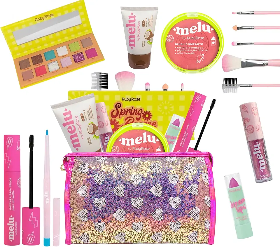 Kit Maquiagem Melu Completo para Presente Adolescentes Meninas Teen com Necessaire e Pinceis Estojo Completo com Cores Neutras e Coloridas