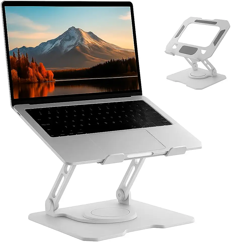 Suporte para Notebook de até 17” em Aço Carbono, Ajustável, Dobrável, Base Giratória 360° e Ventilação, Ergonômico e Portátil para Home Office e escritório, também para tablets e celulares (Branco)