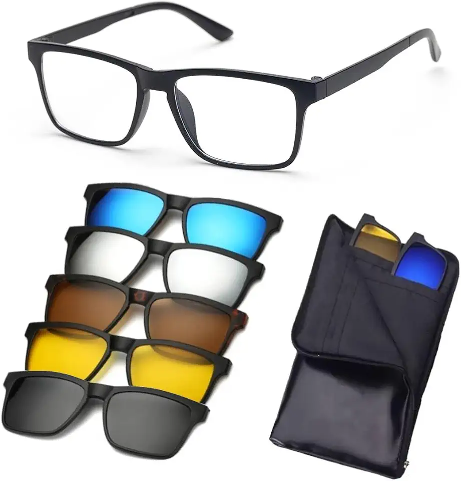 Armação De Óculos para Grau Masculino, Mais 5 Clip On Óculos De Sol, Troca as Lentes, Proteção UV, Cinza Polarizado, Amarelo Noturno, Quadrado Redondo Retangular