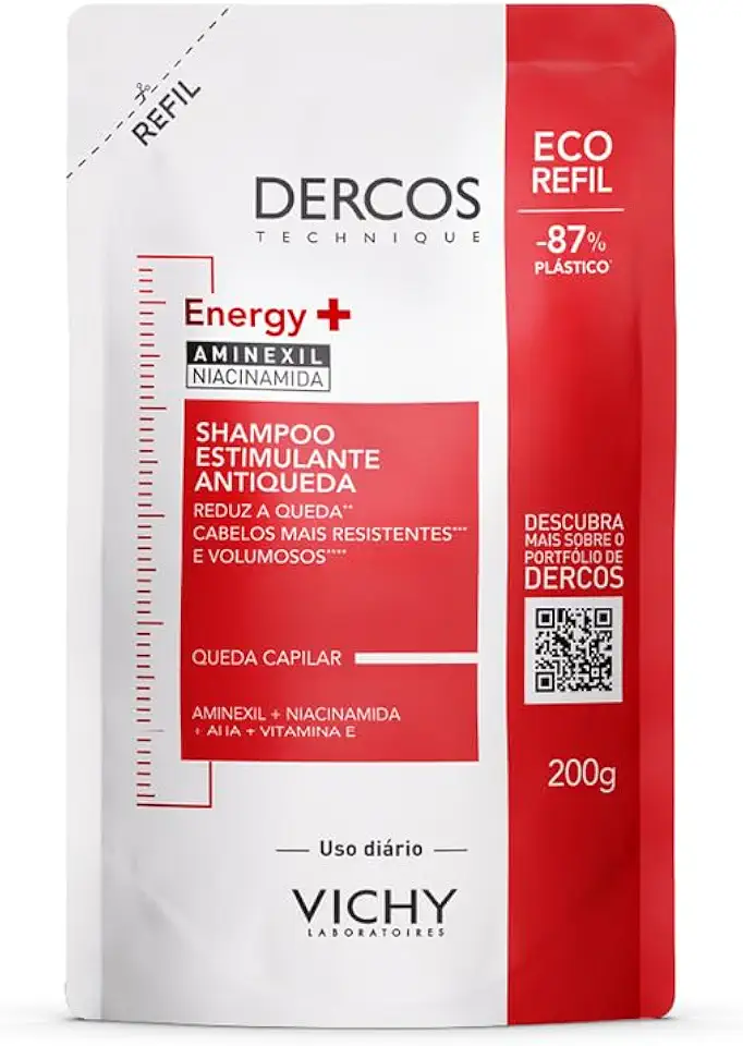Vichy Dercos Energy+, Refil Shampoo Estimulante, Tratamento Antiqueda para Cabelos Fracos e Quebradiços, Fortalece os Fios com Aminexil, AHA, Niacinamida e Vitamina E, 200g