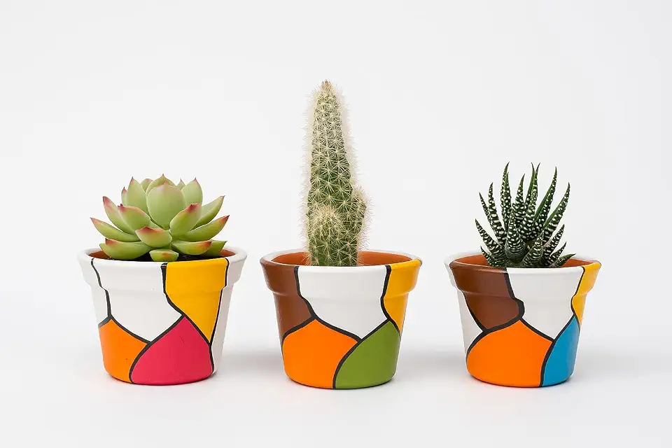 Kit 3 Vasos de Cerâmica Pintados à Mão – Design Abstrato Colorido para Suculentas e Cactos