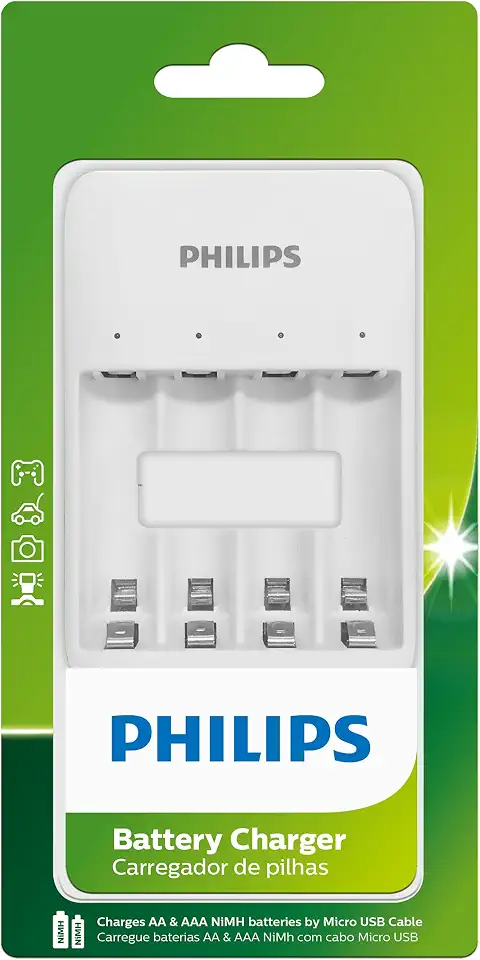 Carregador Philips de pilha recarregável AA e AAA via Micro-USB SCB3400NB/59