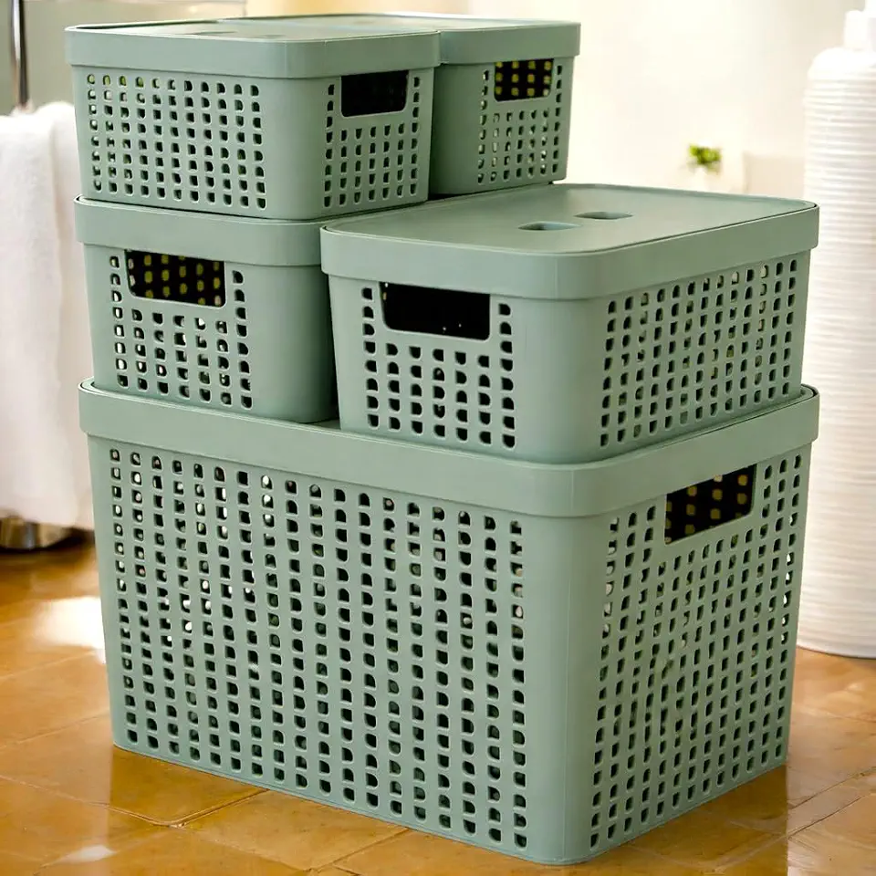 Kit 5 Caixas Organizadoras com Tampa Plástico Resistente Multiuso Armário Cozinha Lavanderia (VERDE)