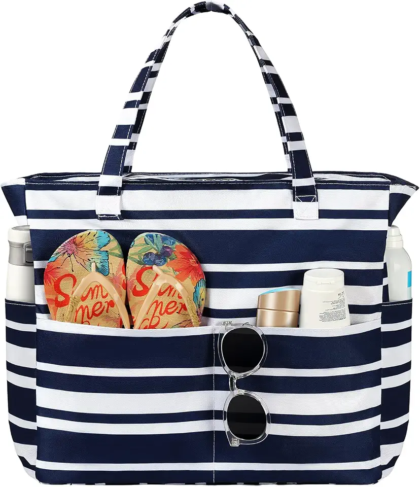 Bolsas de praia femininas à prova d'água à prova de areia, bolsa de praia grande com zíper para viagens de ginástica