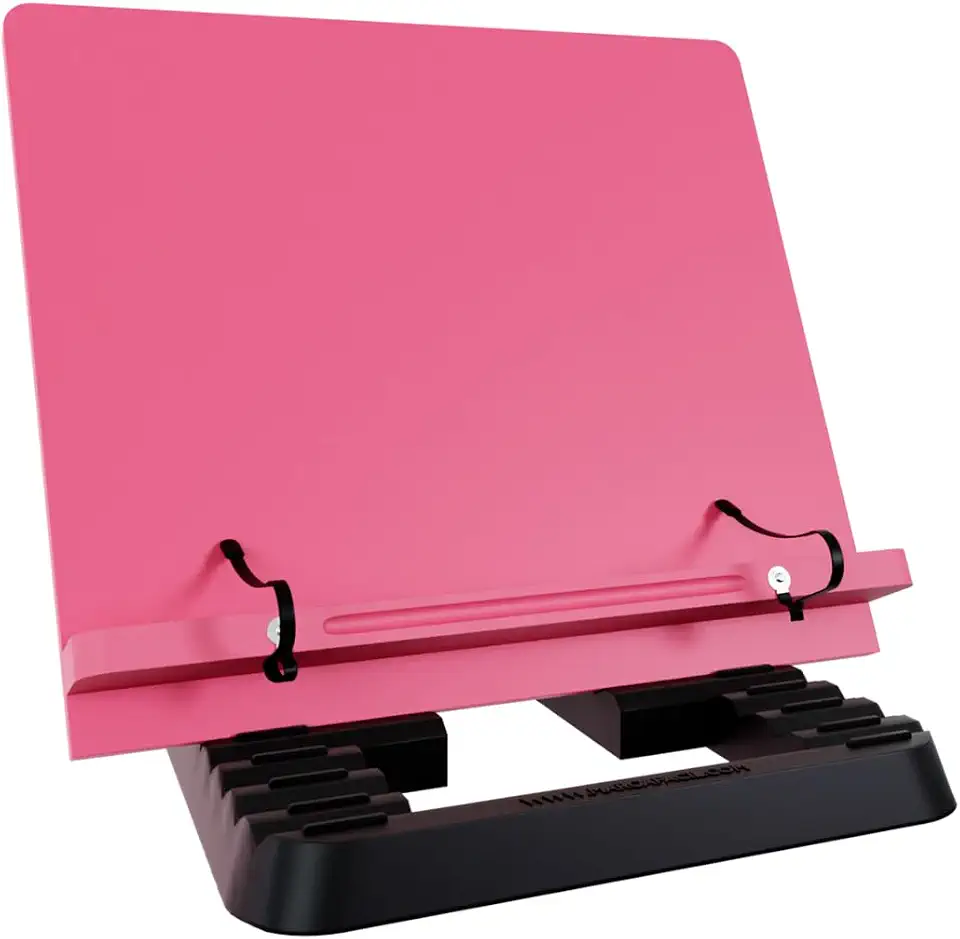 Marca Fácil Suporte para Livro e Notebook Resistente Ergonômico Durável Leve Portátil 19 Níveis de Ajuste com Prendedores de Páginas Rosa M06
