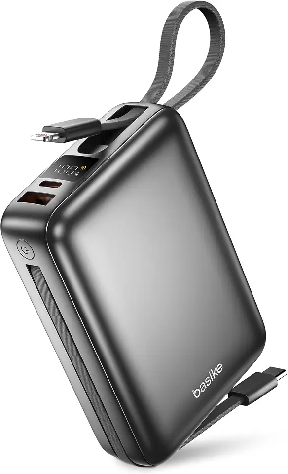 Basike Carregador Portátil, Power Bank 20000mAh com Cabos Integrados, Carregamento Rápido 22.5W(MAX), Compacto, Led Indicador de Bateria para iPhone/Samsung/Huawei/Xiaomi (Cinza)