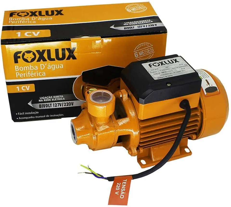 Bomba D’Água Periférica 1CV Bivolt Foxlux 50mca Alta Pressão e 3000Lh Vazão. Ideal para Água Limpa, Cisternas, Reservatórios e Irrigação Leve