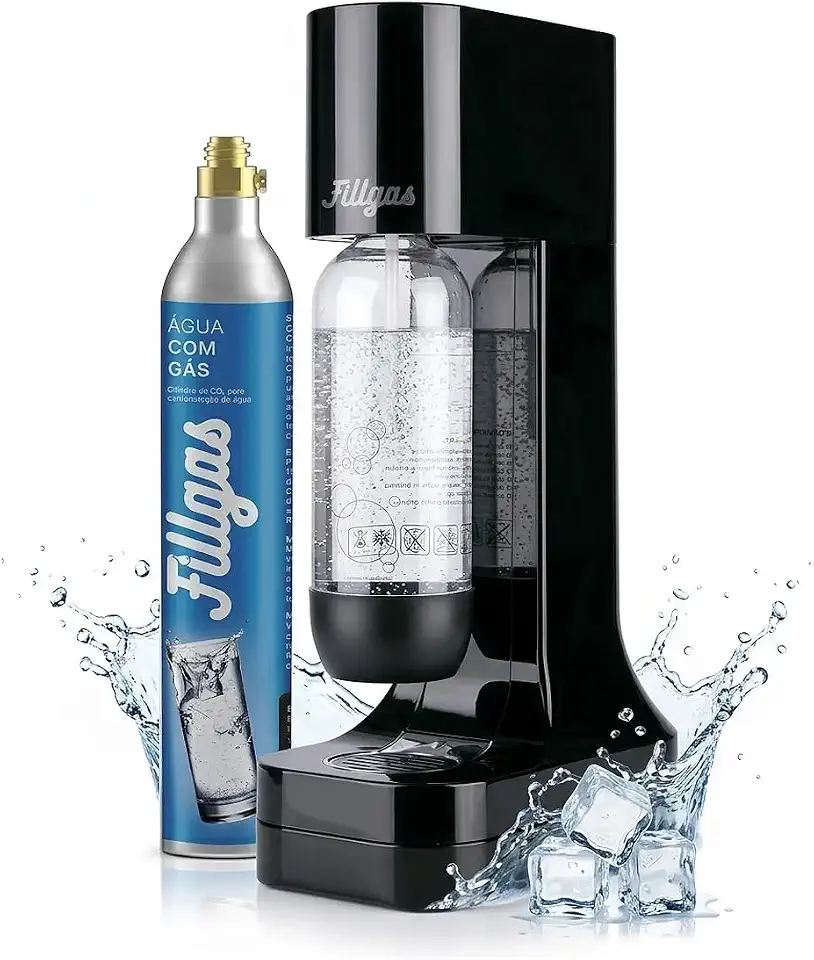 Máquina de Água com Gás Fillgas, Design Moderno, Controle de Intensidade de Bolhas, Compatível com Cilindros de CO₂, Preta