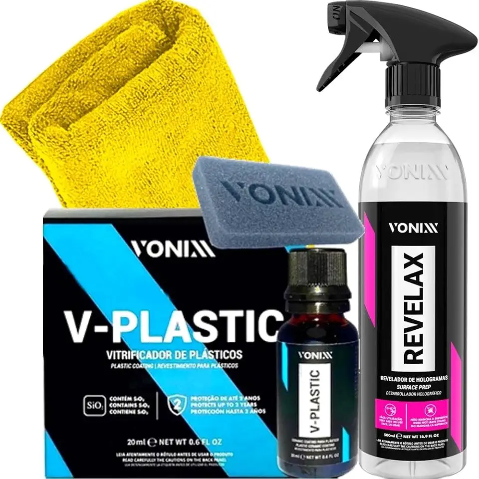 Kit V-plastic Vonixx Vitrificador Automotivo para Plásticos Descontaminante Revelax Toalha Karbox