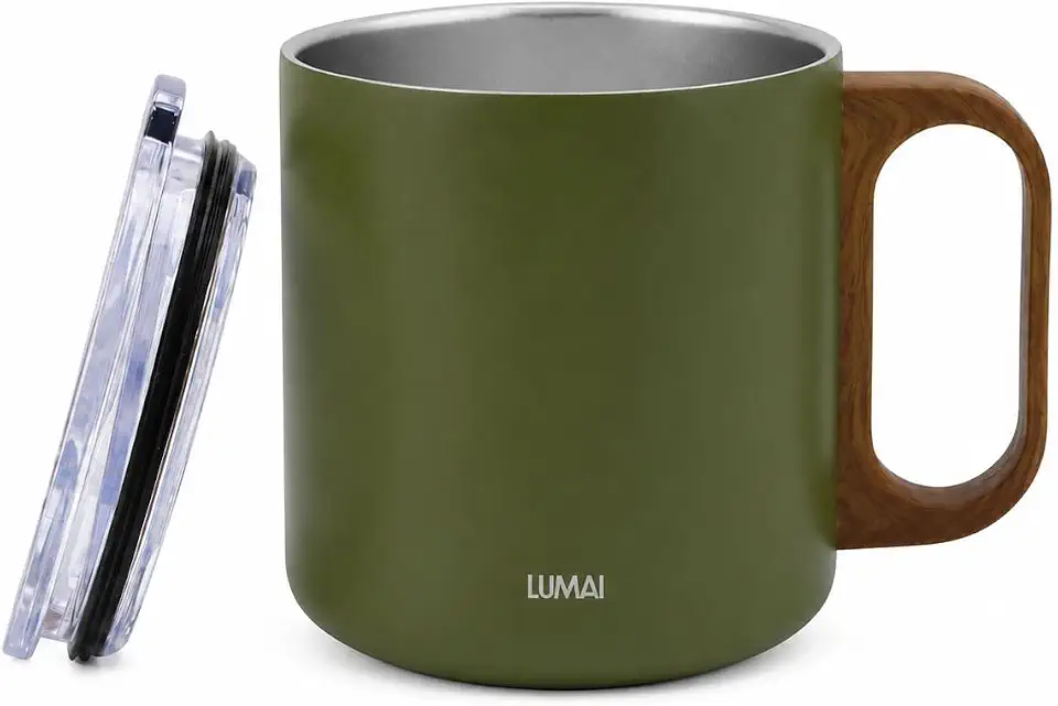 LUMAI Caneca Térmica 350ml Inox com Tampa Antivazamento Premium - Verde | Caneca de Café Caraíva, Aço Inox 304, Parede Dupla com Isolamento Térmico, Alça Estilo Madeira, Bebidas Quentes ou Frias