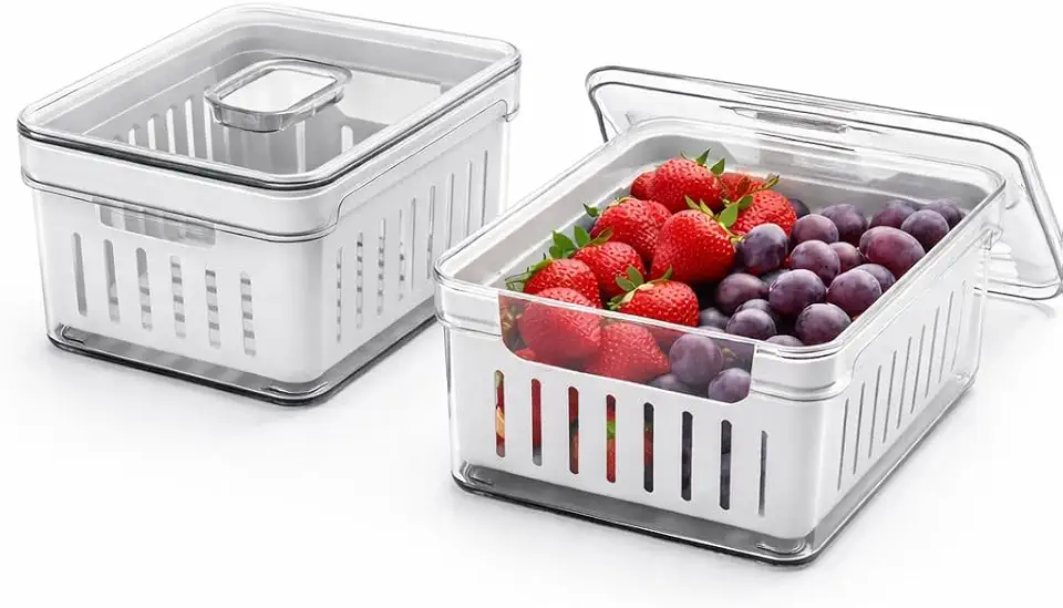 Kit 2 Potes Organizadores de Geladeira com Cesto-Escorredor Interno Removível 2,2L para Frutas e Legumes Livre de BPA