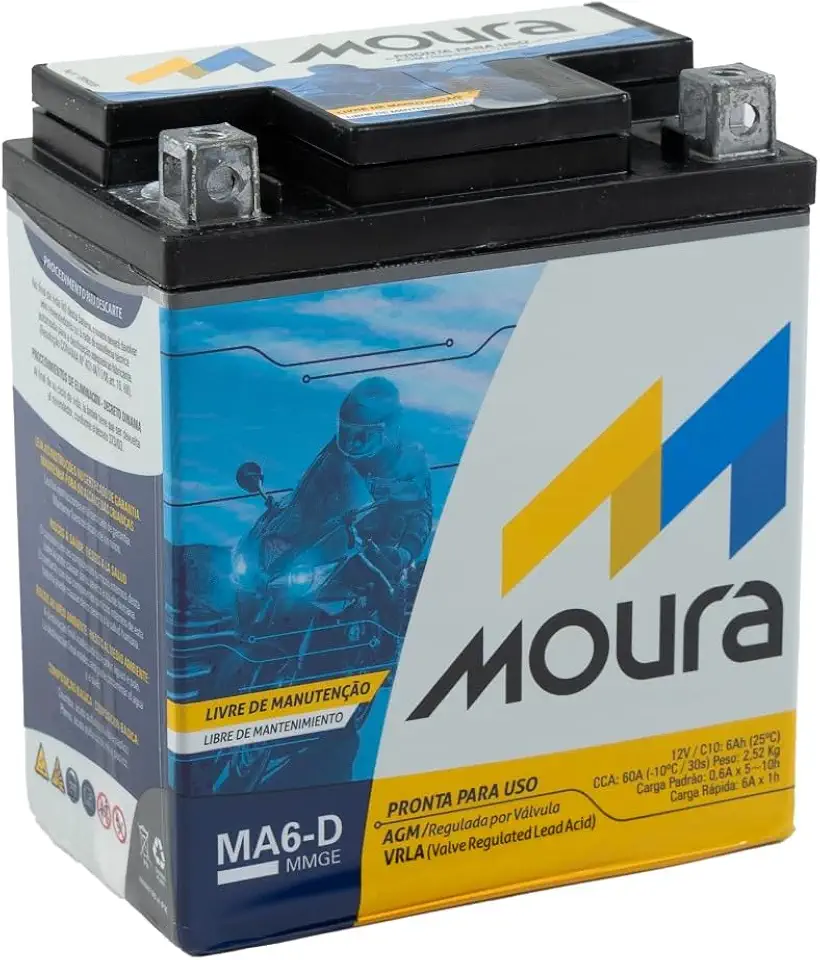 Bateria Moura 6Ah MA6D 12V AGM Selada para Moto Honda CB 300R Cbx Twister 250 Falcon Nx4 e Yamaha Fazer Lander 250