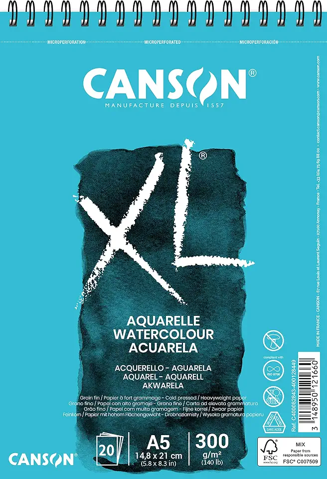 Bloco Espiralado XL A5 300g/m², Canson, Aquarelle, 20 Folhas