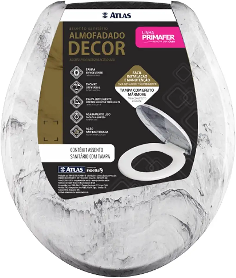 Atlas - Assento Sanitário Almofadado com Espuma Ultramacio e Tampa com Efeito Mármore, Cor Branca