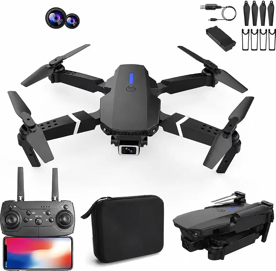 Drone E88 Pro 4K HD Câmera Dupla WiFi FPV Dobrável com Controle Remoto, Bolsa de Transporte – Preto (4K Câmera + 1 Bateria)