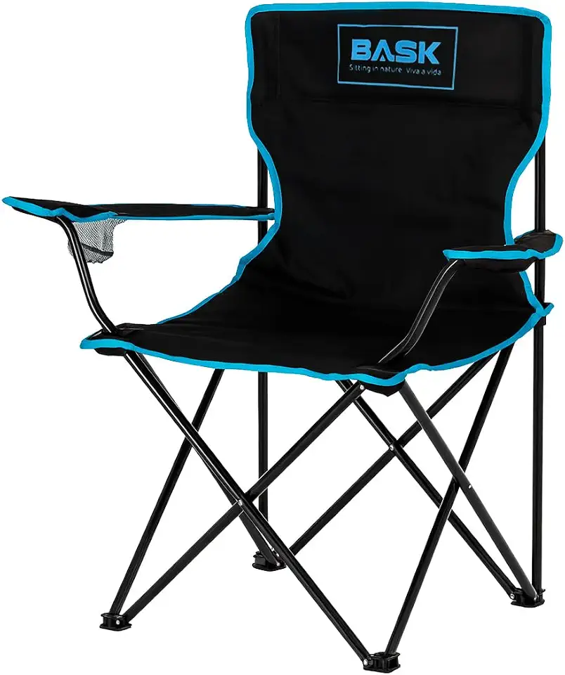 BASK Cadeira Alvorada Dobrável Portátil Reforçada com Suporte 180kg | Alça de Ombro Integrada | Porta-copo | Conforto e Espaço Ampliado para Camping, Praia e Pesca (Preto)