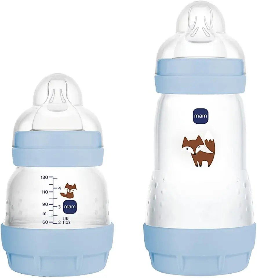 MAM Baby Kit 2 Mamadeiras AZUIS Easy Start Starter Set Anticólica e Menos Bolhas de Ar, para Crianças 0+ Meses Autoesterilizável e com Bico de Silicone Skinsoft, Azul