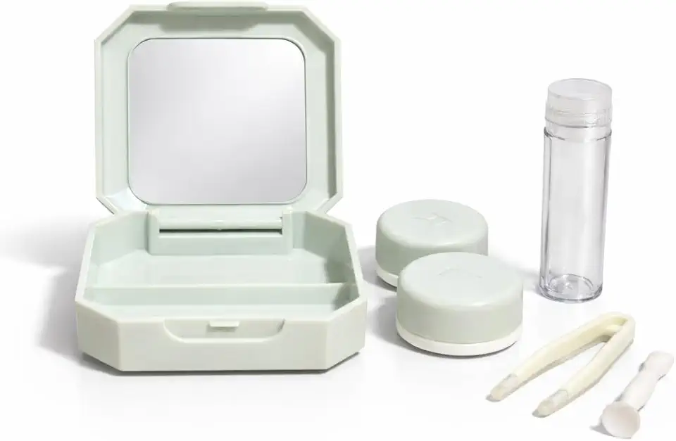 Kit Estojo para Lentes de Contato com Espelho, Porta-Lentes, Pinça, Ventosa Aplicadora e Frasco para Solução, Compacto para Viagem