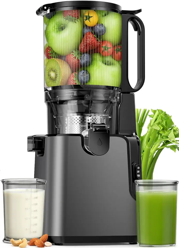Espremedor de prensa a frio, máquina de suco extra grande de 15,5 cm para vegetais e frutas inteiros, máquinas de espremedor de mastigação lenta de 350 W, fácil de limpar, alto rendimento de suco