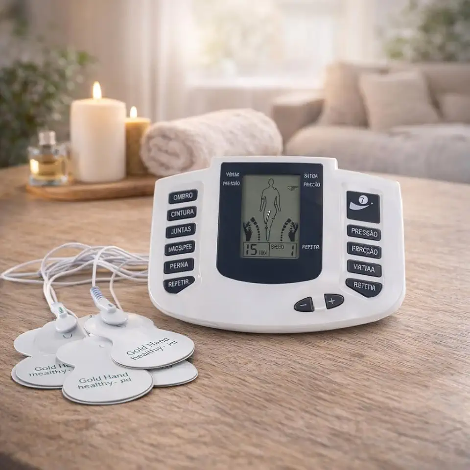Aparelho Eletroestimulador Muscular Premium Portátil 8 Modos Terapêuticos 8 Intensidades Alívio de Dores Massagem Elétrica Fisioterapia em Casa com Eletrodos
