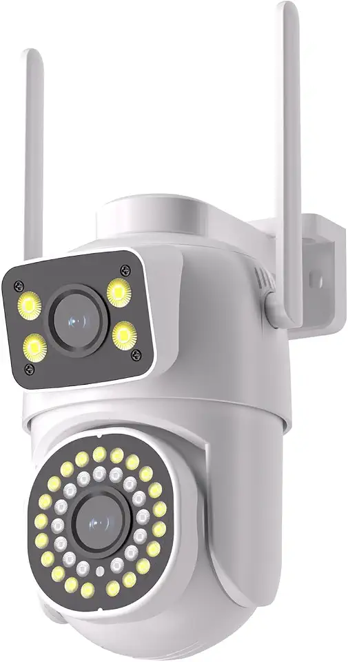 Câmera de Segurança Externa WiFi Dupla 2MP+2MP, Áudio Bidirecional, Detecção de Movimento, Rotação 355°/90°, Visão Noturna, IP66, Suporte para Cartão TF