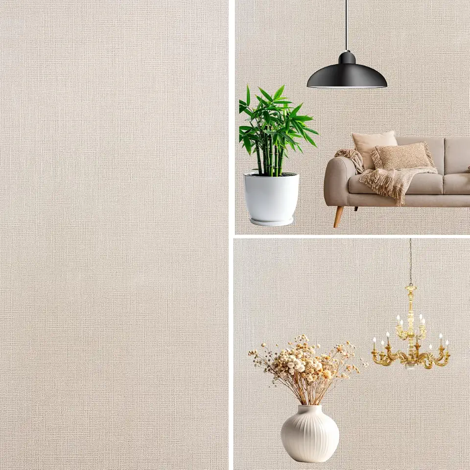 Papel de Parede Linho Bege Autoadesivo 10m x 45cm Texturizado Lavável – Revestimento Decorativo Vinílico para Sala, Quarto, Cozinha e Escritório