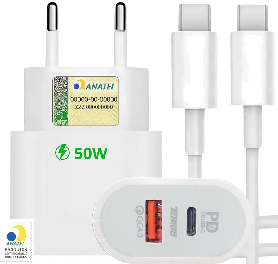 Carregador Turbo 50W + Cabo Tipo C, 2 Entradas USB e USBC, Carrega 2 Dispositivos, Turbo - Fonte e Cabo 50W, i.Phone 15, 16, 17, Galaxy, S.amsung, X.iaiomi, Android, Tecnologia Power Delivery
