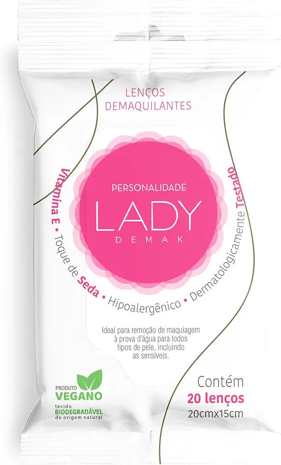 Lenço Umedecido Demaquilante Hipoalergêncio Toque de Seda Personalidade Lady Demak 20 unidades 20cm X 15cm
