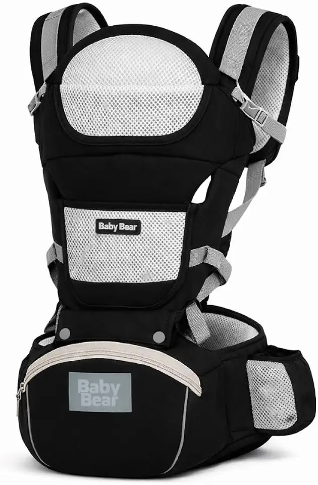 Bolsa Canguru Ergonômica Premium Baby Bear 3 em 1 | Assento Acolchoado| 12 posições | Alças Reguláveis | Bolsos Frontais e Laterais (Preto)