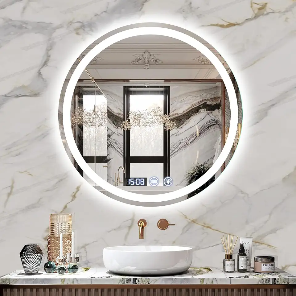 Espelho de Banheiro Redondo LED 60x60cm Antiembaçante | Vidro Temperado 4mm à Prova de Quedas | 3 Cores Dimerizáveis e Dupla Iluminação | 110V