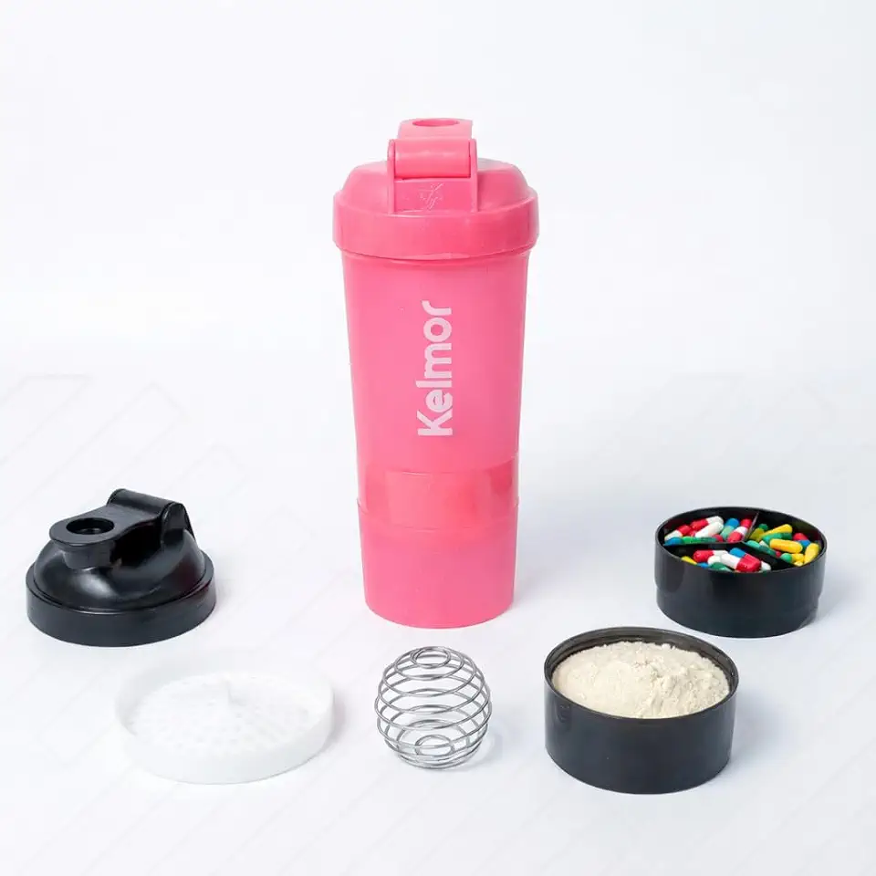 Coqueteleira Whey Protein Com Compartimento Shaker Academia 500ml BPA Free Com Mola Misturadora Vedação Segura Para Pré E Pós Treino Suplementos Cápsulas Portátil (Rosa com glitter)
