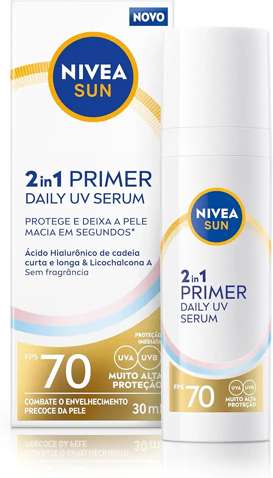 NIVEA SUN 2 em 1 Primer Daily UV Sérum FPS 70 30ml, Muito Alta Proteção UVA/UVB, Pele Uniforme, Prepara para Maquiagem, Ácido Hialurônico, Cuidado Facial | Muito Alta Proteção UVA/UVB, Pele Uniforme, Prepara para Maquiagem, Ácido Hialurônico, Cuidado Facial