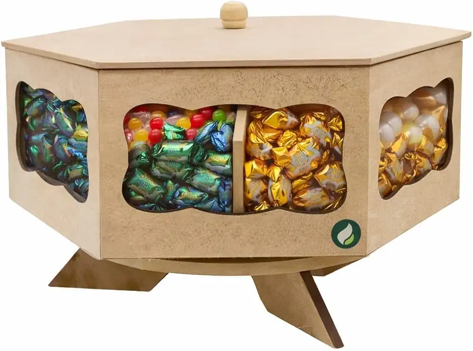 Baleiro Giratório em MDF Cru com Tampa e Divisórias, Porta Doces Decorativo para Festas e Eventos, 23cm x 12cm.OBS;AS PEÇAS VEM DESMONTADA.