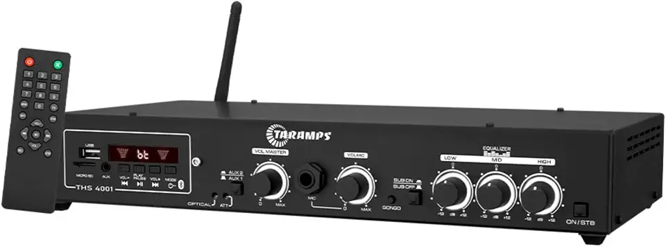 Amplificador Receiver Taramps THS 4001 com 400w Rms de Potência Conexão Bluetooth USB Rádio FM Saída Auxiliar Lojas Clínicas Bares Academias Área de Lazer Espaço Gourmet