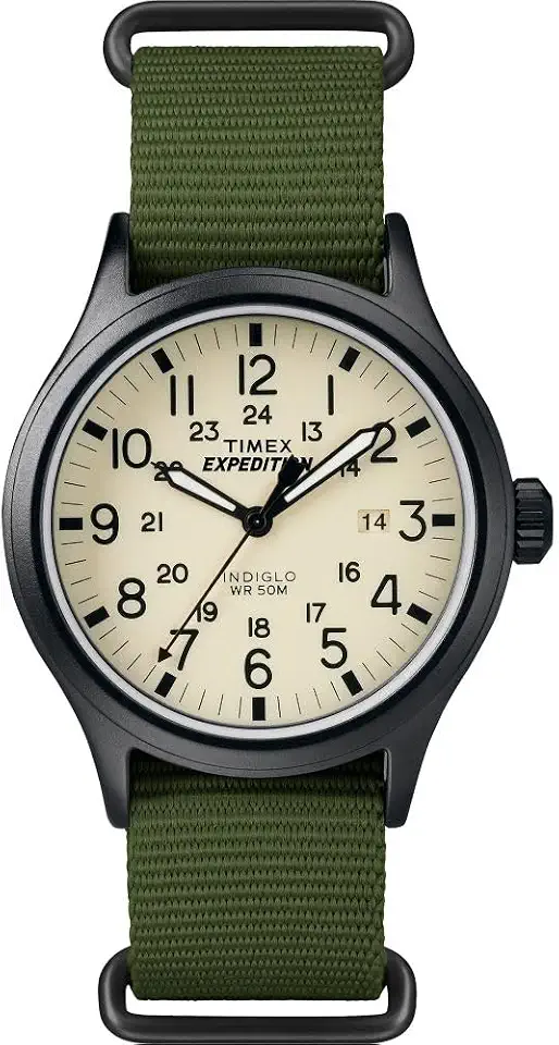 Relógio masculino Expedition Scout de 40 mm – caixa preta e mostrador com pulseira deslizante de couro oliva