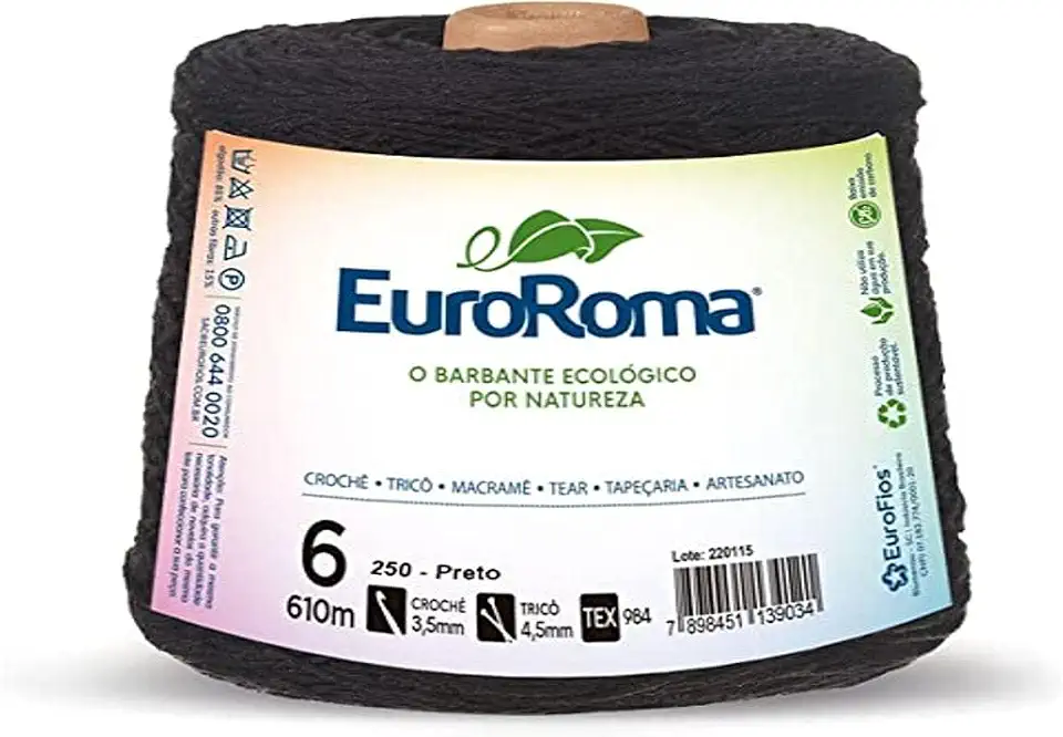 Barbante Colorido, Euroroma, 600 g, Preto, 4/6 Fios, Rolo de 610 Metros
