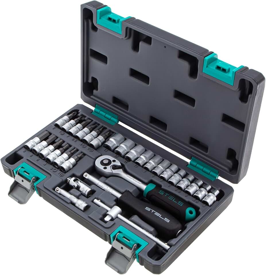 Stels Jogo de Ferramentas 29 Peças 1/4", Aço Cromo Vanádio, Catraca 72 Dentes + Acessórios, Caixa Plástica - Ideal para Reparos Automotivos e Domésticos