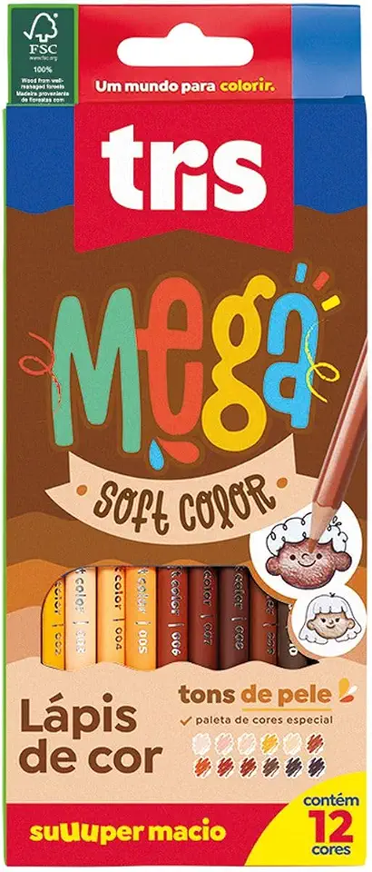 Lápis de Cor, Sextavado, Mega Soft Tons de Pele, Estojo com 12 Cores, Summit