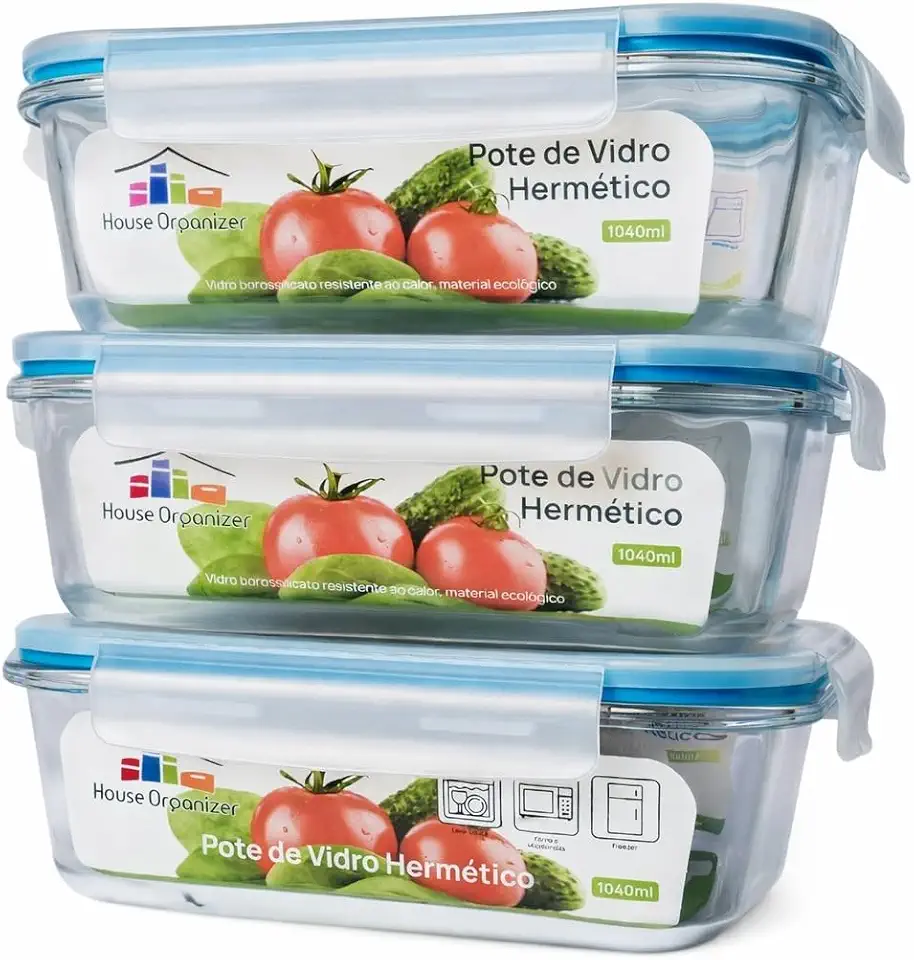 House Organizer Conjunto Kit 3 Potes de Vidro Hermetico com Tampa 1040ml