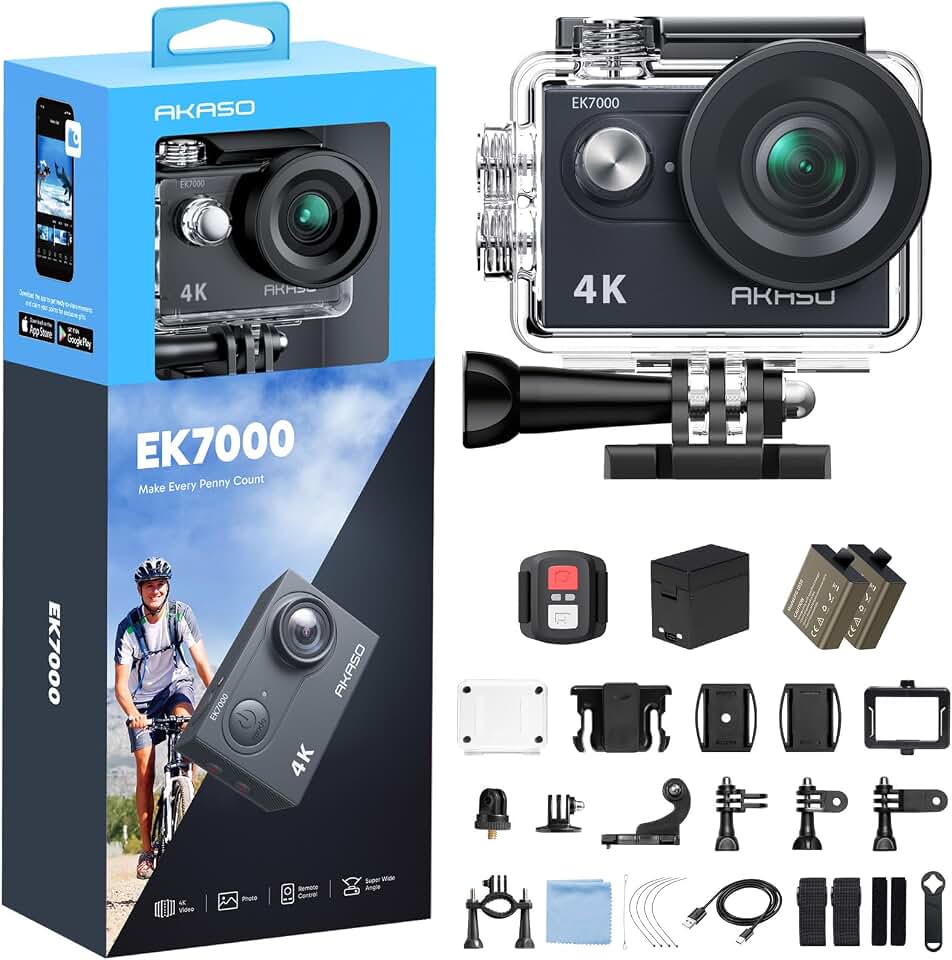 AKASO Câmera de ação EK7000 4K30FPS 20MP Ultra HD câmera subaquática 170 graus grande angular 98FT à prova d'água suporta microfone externo