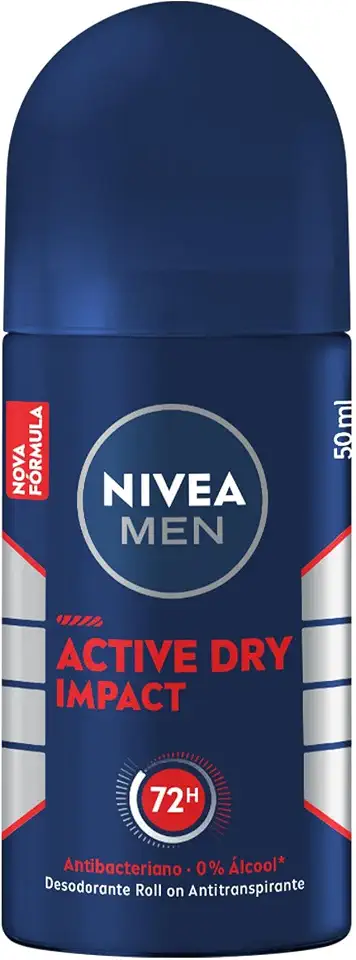 NIVEA MEN Desodorante Antitranspirante Roll On Masculino Dry Impact - Proteção prolongada de 72h, dupla proteção antitranspirante, proteção extra seca, sem alumínio, corantes e conservantes - 50ml