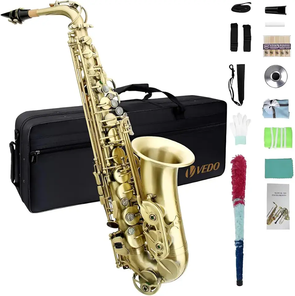 VEDO Saxofone alto em Mi, cobre, bronze antigo, laca, nível profissional, iniciantes e estudantes, laca dourada antiderrapante, chaves em madrepérola e conjunto completo de acessórios