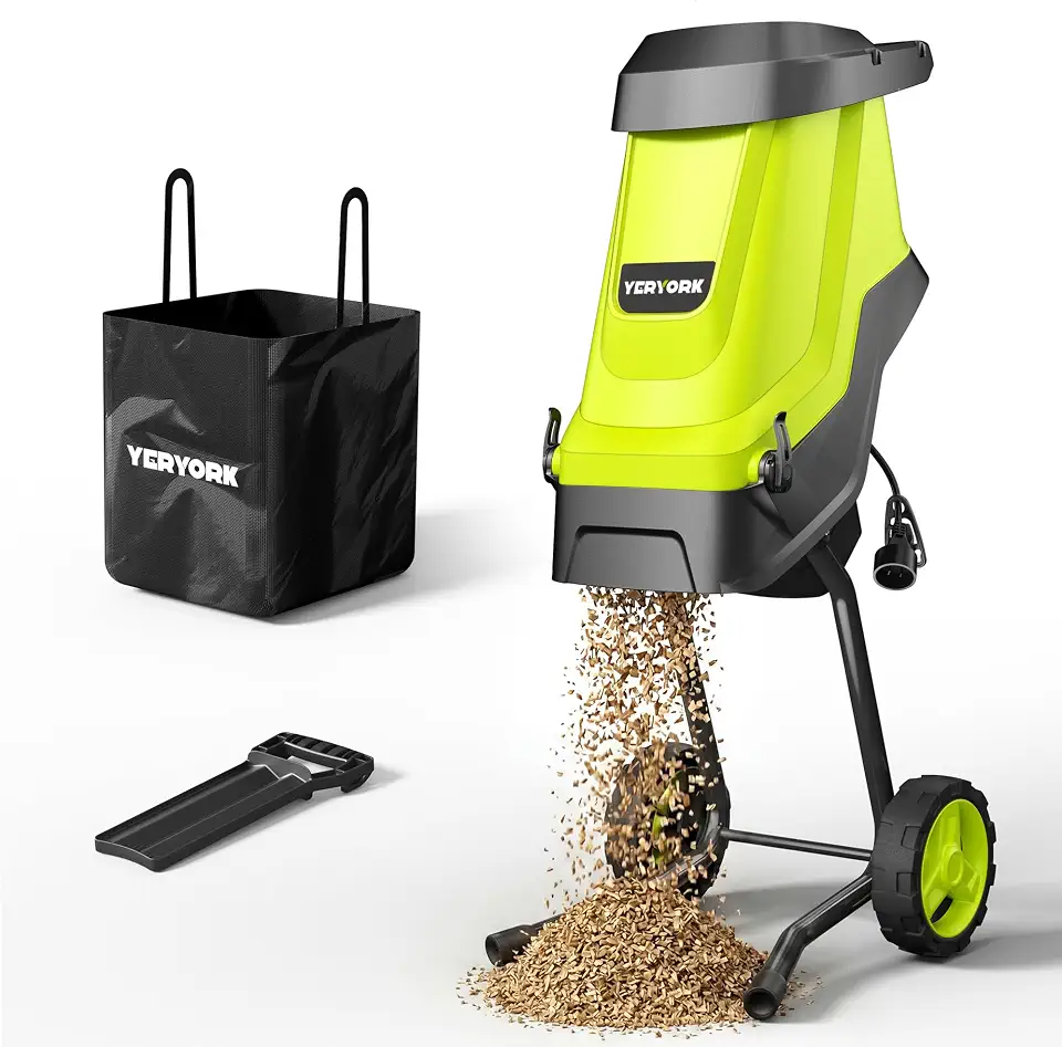 Yeryork Picador e triturador elétrico de madeira com capacidade de corte de 15 Amp 4,6 cm com bolsa de coleta de 45L, Mulcher eficiente para limpeza fácil, ideal para resíduos de quintal e galhos