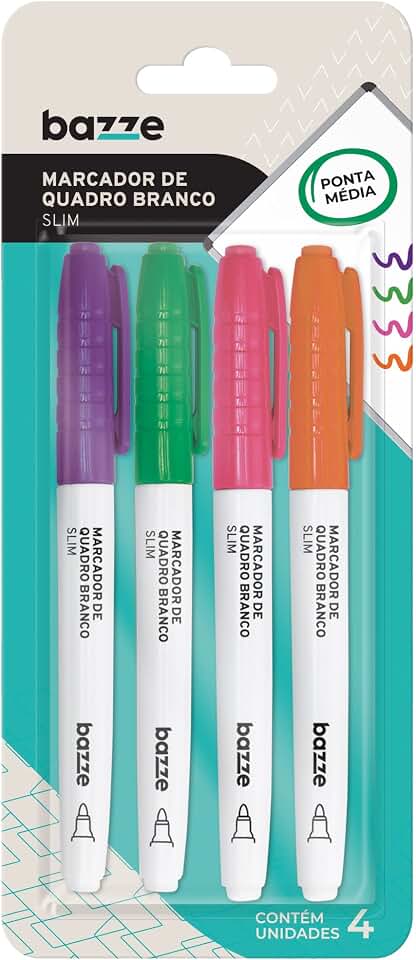 Marcador de Quadro Branco Bazze Slim Color Cartela 4 Unidades